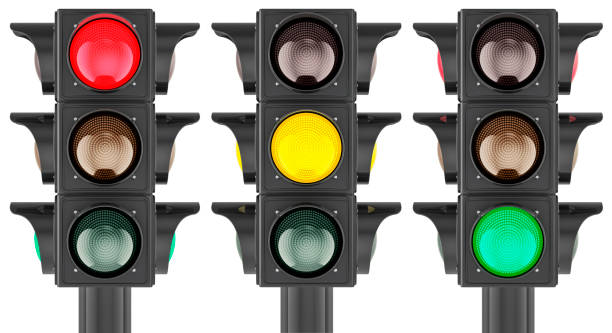 istock Traffic lights with red, green and yellow colors, 3D rendering 2191314072