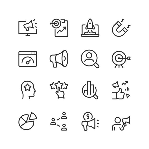 illustrazioni stock, clip art, cartoni animati e icone di tendenza di marketing, set di icone di stile lineare. pubblicità e analisi del pubblico di destinazione. strategia di promozione del prodotto. larghezza del tratto modificabile - referendum immagine