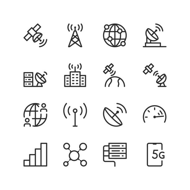 ilustraciones, imágenes clip art, dibujos animados e iconos de stock de telecomunicaciones, comunicaciones, red, conjunto de iconos de estilo lineal. transmisión e intercambio de información. teléfonos, satélites, antenas. tecnologías modernas e innovaciones. ancho de trazo editable - antena parabólica