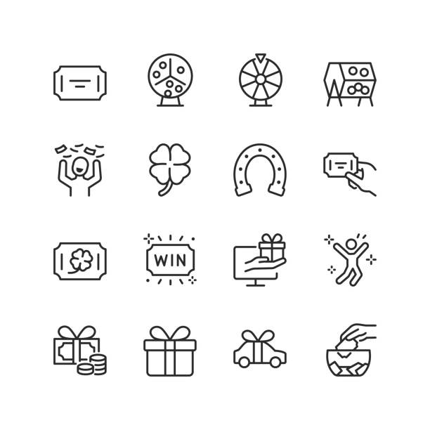 ilustraciones, imágenes clip art, dibujos animados e iconos de stock de sorteo y sorteo, conjunto de iconos de estilo lineal. dibujos y juegos de azar. equipo, boletos, amuletos de la suerte y premio ganador. ancho de trazo editable - rifa