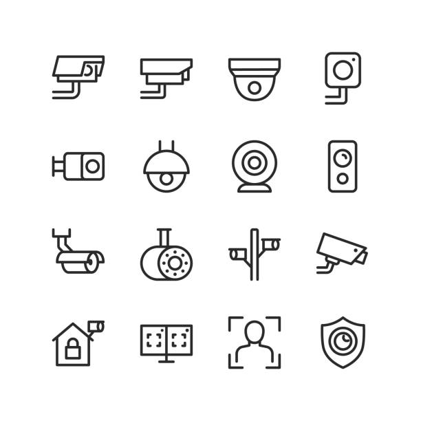 Surveillance camera. Security camera, linear style icons set. Camera for installation on a pole, on the house, desktop on a stand. Online live transmission and video recording. Editable stroke width
