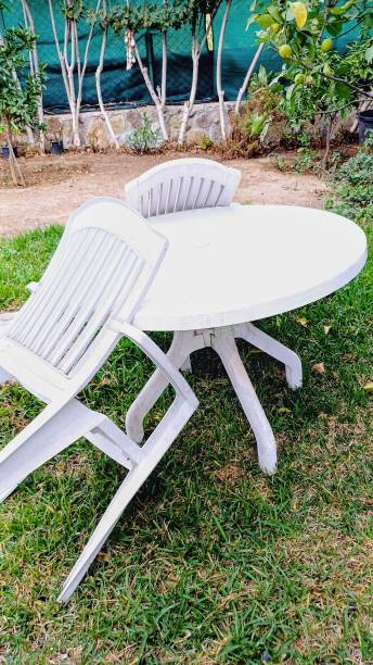 istock White plastic table and chairs in the garden. 2191320671
