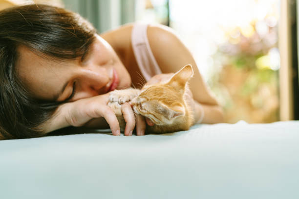 istock Young woman playing with kitten on bed at home 2191322961