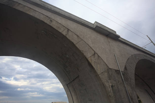 Railroad overpass passing over a town seen from below