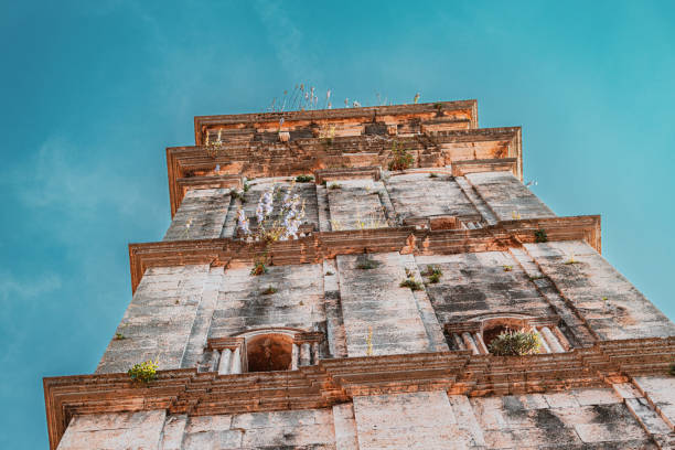 Low angle view of a weathered stone tower with small windows and growing plants, set against a clear blue sky