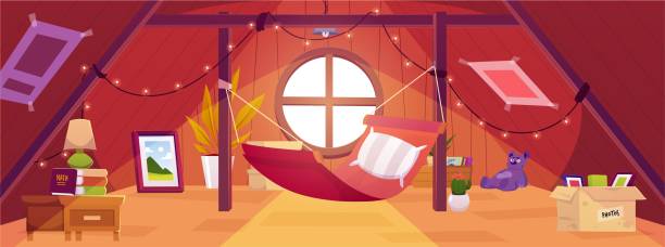 Cozy wooden attic with hammock, garland and window in roof, vector cartoon interior of mansard garret lounge Cozy wooden attic with hammock, garland and window in roof. Vector cartoon interior of mansard for relax and recreation, garret lounge with book shelf and flower pots, box of photos attic old light bulb loft apartment stock illustrations