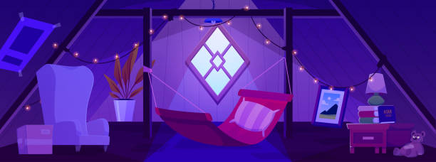 Cozy wooden attic with hammock, glowing garland and window at night, vector cartoon interior of mansard garret lounge Cozy wooden attic with hammock, glowing garland and window in roof at night. Vector cartoon interior of mansard for relax and recreation, garret lounge with armchair, book shelf and flower pots attic old light bulb loft apartment stock illustrations