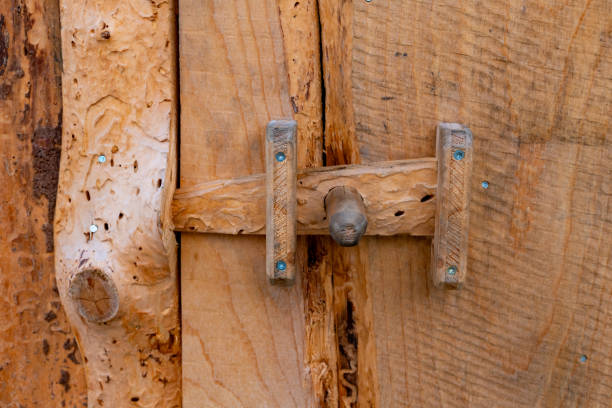 A beautifully crafted wooden latch secures a rustic door in a cozy cabin. The latch displays unique details and textures, highlighting artisanal woodworking.