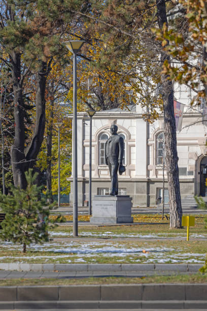 Belgrade, Serbia - November 24, 2024: Bronze Statue of Famous Scientist Milutin Milankovic in Front of Meteorology Building.