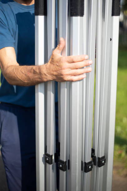 istock Prefabricated steel profile construction. Folding tent. 2191347930