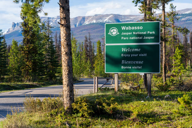 Jasper, Alberta, Canada - June 2 2021 : Road sign of Wabasso Campground in Jasper National Park.