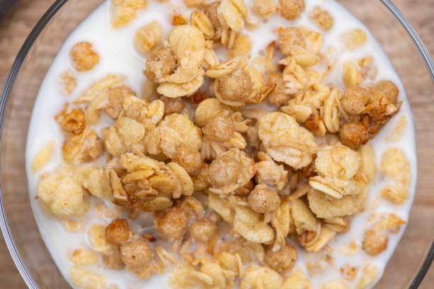 Overhead View of Granola Poured with Milk