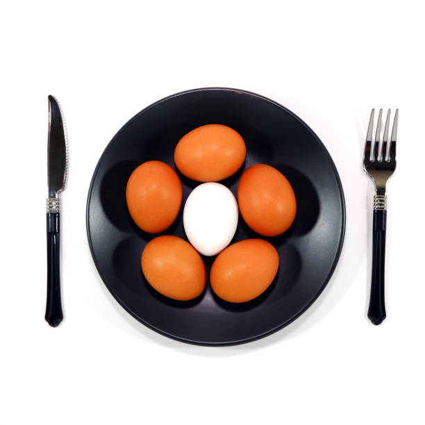 istock Brown egg on black plate with cutlery set together on white background closeup view Flatlay food concept photography, White background 2191364853