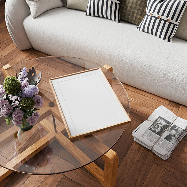 interior frame, living room poster empty in home design, one picture on the coffee table element mockup annual holidays, 3d render