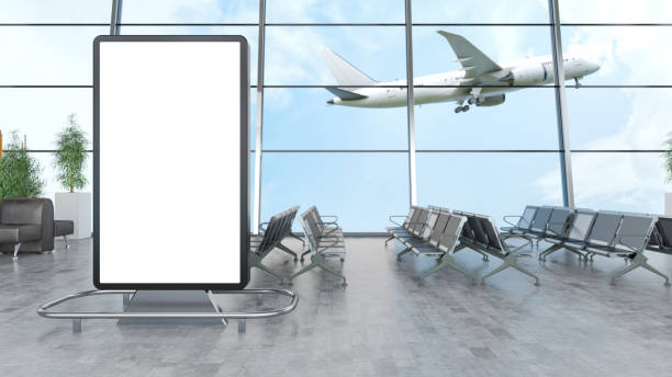 Blank Billboard and Empty Seats At Airport Waiting Area . 3D Render