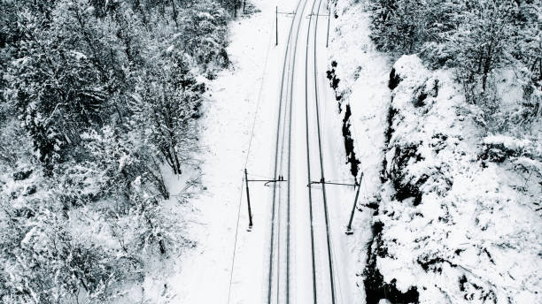 istock Snow-Covered Railway Tracks in a Winter Forest 2191371973