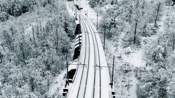 istock Snow-Covered Railway Tracks Through Winter Forest 2191372069
