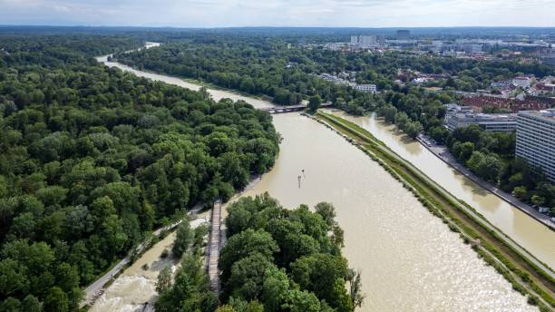 istock Summer river Isar in Munich flood Aerial view 2191372385