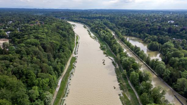 istock Summer river Isar in Munich flood Aerial view 2191372386