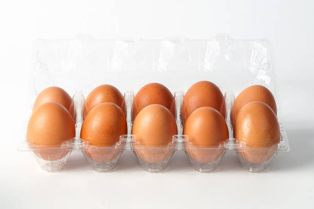 istock Organic fresh chicken eggs in transparent plastic tray packaging 2191372611