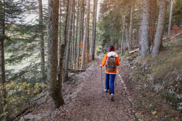 Female hiker walking in the forest using trekking poles and wearing a backpack