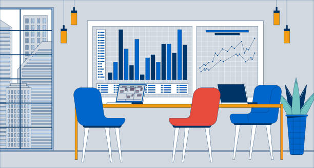 Chart whiteboard conference room empty flat illustration Chart whiteboard conference room empty flat illustration. Office table three chairs 2D interior cartoon background. Project management. Bar graphs, data visualization board scene vector image accounting office background stock illustrations