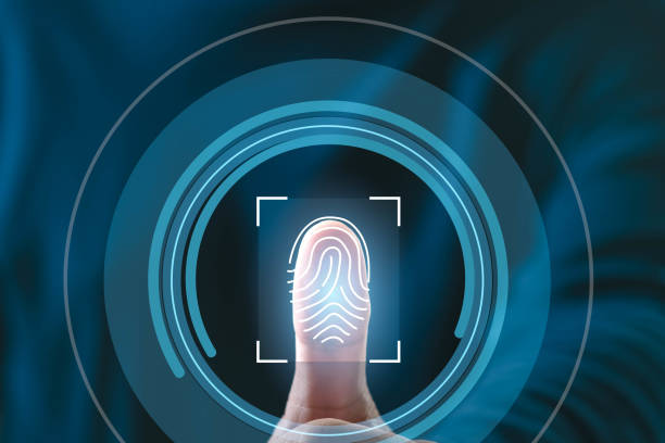 Futuristic fingerprint recognition technology with a glowing thumbprint, symbolizing security and biometric identification.