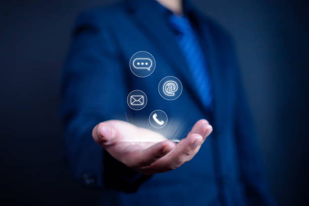 istock Contact customer support. Businessman shows icon on hand (address, phone, email, call) help from mail websites. mobile communication contact service digital technology, Provide assistance 2191387950