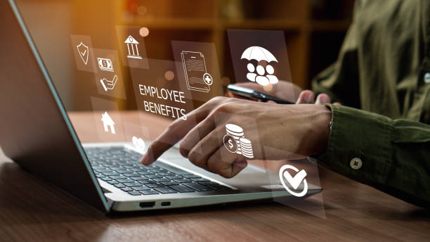 istock Employee Benefits and Compensation Strategy Concept. Employee benefits options on digital interface. Icons various benefits such as healthcare, insurance, travel, awards, and financial perks. 2191389556