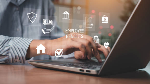istock Employee Benefits and Compensation Strategy Concept. Employee benefits options on digital interface. Icons various benefits such as healthcare, insurance, travel, awards, and financial perks. 2191389557