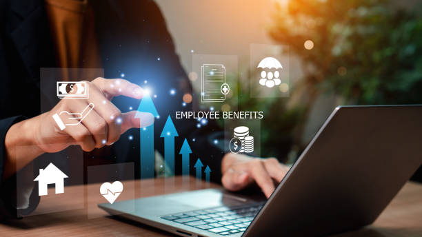 istock Employee Benefits and Compensation Strategy Concept. Employee benefits options on digital interface. Icons various benefits such as healthcare, insurance, travel, awards, and financial perks. 2191389558
