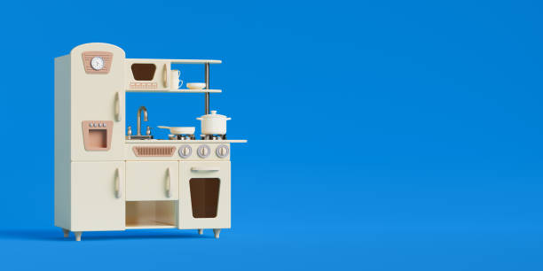 Yellow Wooden Vintage Toy Kitchen on a blue background. 3d Rendering