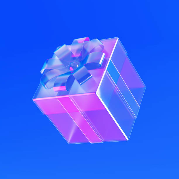 Transparent Glass Gift Box with Ribbon, Bow and Iridescent Highlights Sits. 3d Rendering