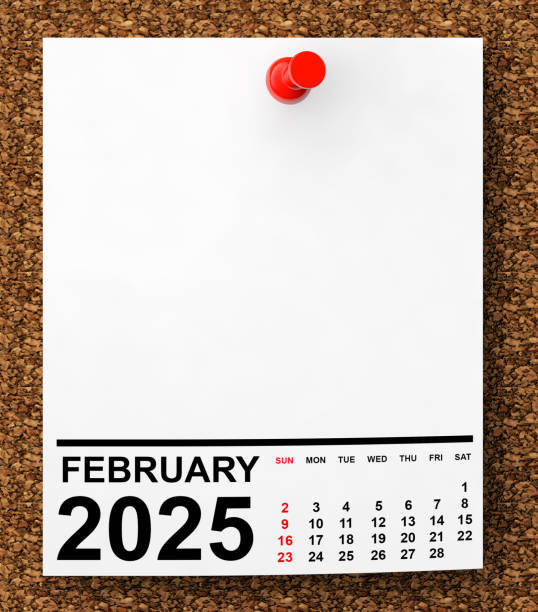 Calendar February 2025 on Blank Note Paper. 3d Rendering