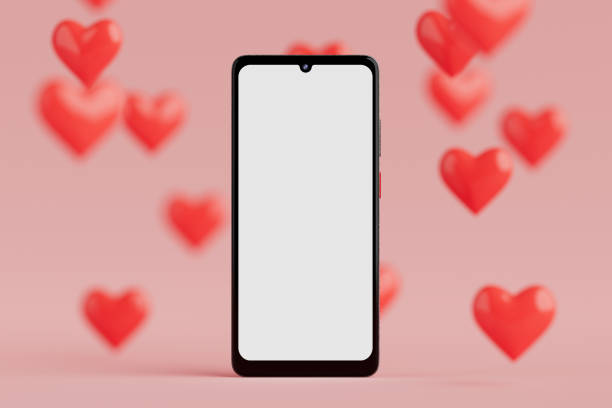 istock Modern Mobile Phone Smartphone with Blank Screen For Your Design on a pink background with many red hearts. 3d Rendering 2191391081