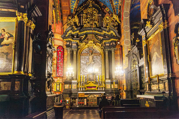 Statue of the Sacred Heart of Jesus prominently displayed on the altar of the Christian church of São Sebastião da Pedreira in Lisbon.