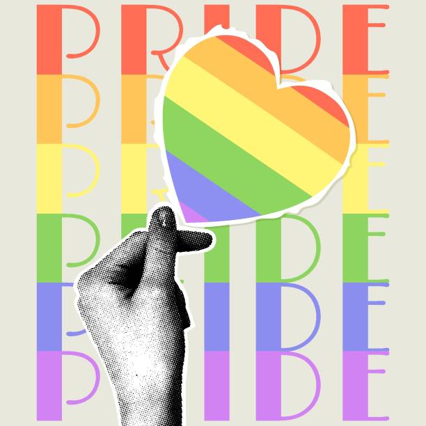 istock Trendy halftone collage. Vertical collage on pride month theme in retro style. Hand with halftone effect holding a heart cut out of paper in scrapbooking style. Fancy retro collage 2191399901
