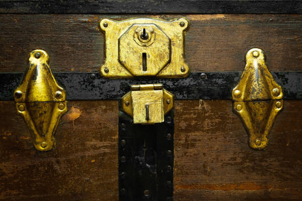 Antique shabby chest closed with an internal lock. Pirate chest.