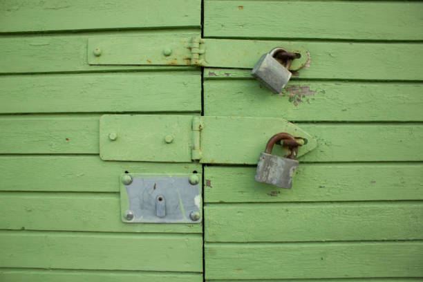 Green closed door with padlocks