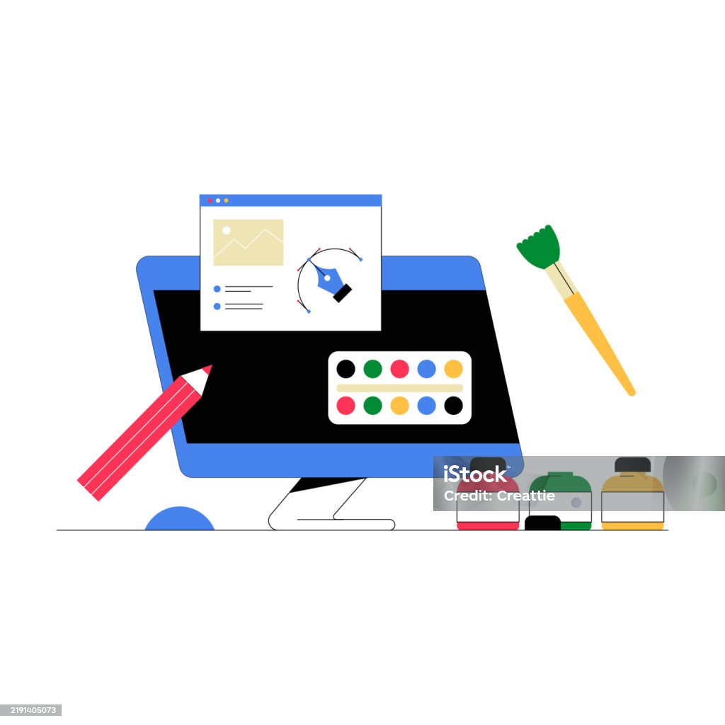 Desktop Color Drawing Desktop With Color Palette And Art Tools In Flat Vector Illustration ...