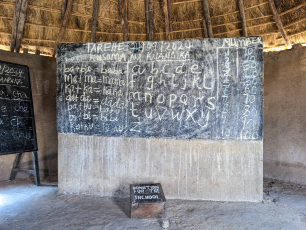Inside a traditional maasai hut school in tanzania, a chalkboard displays the swahili alphabet, basic words, and numbers, highlighting the importance of education in rural communities