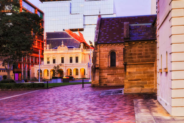 Historic cathedral building of church in City of Parramatta downtown at the Town Hall at sunset.
