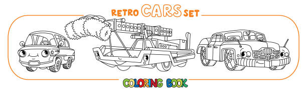 Funny retro cars with eyes and mouth. Rare soviet vehicles. Children vector illustration. Coloring book set for kids