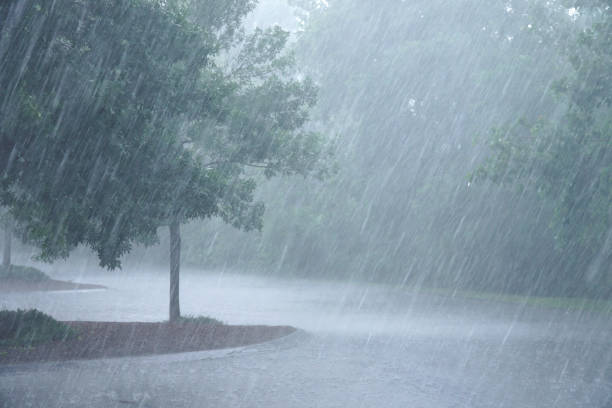 A front yard wooden replica model lighthouse is illuminated during a drenching downpour late August extreme weather summer rain storm near Rochester, in western New York State.