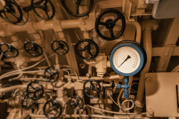 Complex pipeline system with pressure gauge and valves regulating industrial process in submarine