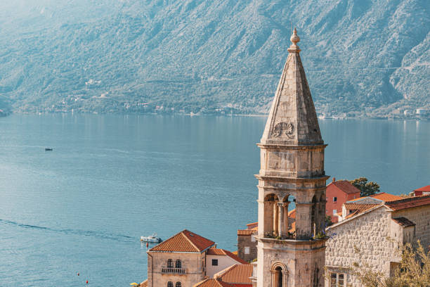 Bell Tower Overlooking Tranquil Bay in Perast, Montenegro