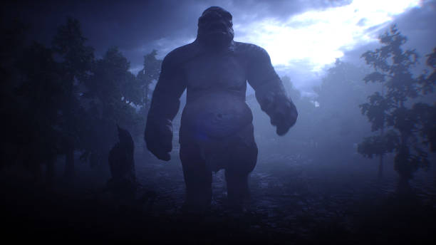 Big ugly scary troll, goblin walk in night fog forest. Horror mistyc concept. 3d rendering