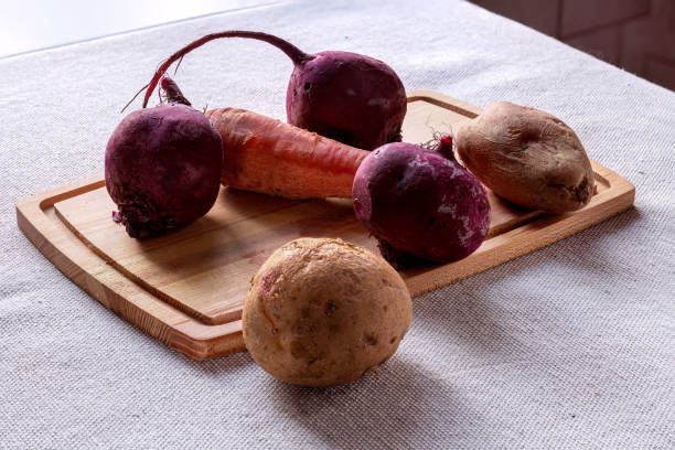 Jacket potatoes, beets, carrots. Whole unpeeled tubers of root vegetables