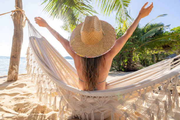 istock Woman Relaxing in a Hammock on Tropical Beach 2191426578