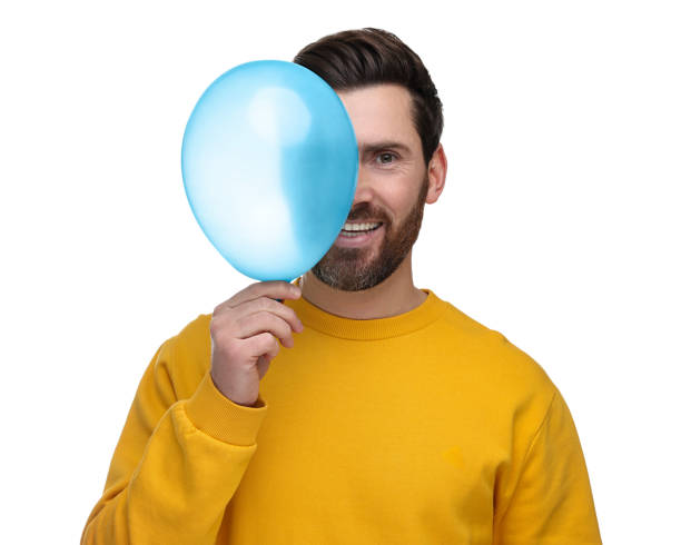istock Happy man with light blue balloon on white background 2191429424
